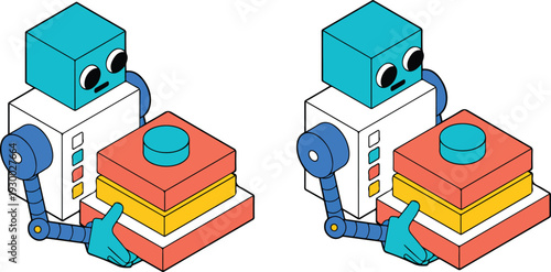 Isometric Vector Illustration of Friendly Humanoid Robot Holding Colorful Gift Box Future Tech Concept