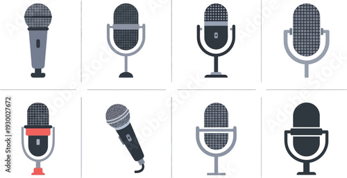 Collection of various microphone icons for audio recording and broadcasting.