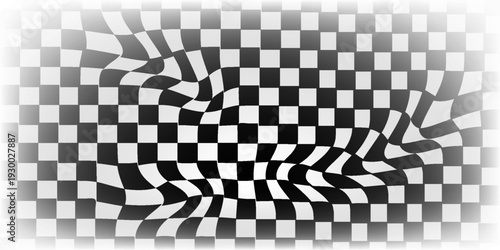 Abstract checkered background with distortion effect. Checkered pattern. surface. Black and white background, distorted chessboard. Abstract banner with distortion. Vector illustration.