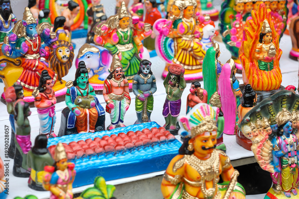 Fototapeta premium Hindu epic Ramayana floating bridge scene idols displayed for sale in a shop for the golu festival 