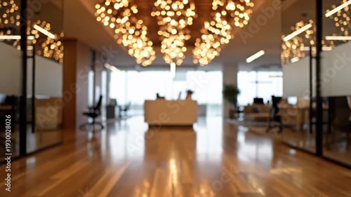 Wide angle view of a modern luxury office interior with unique designer hanging lights over a white reception desk for contemporary workplace and hospitality design concept.