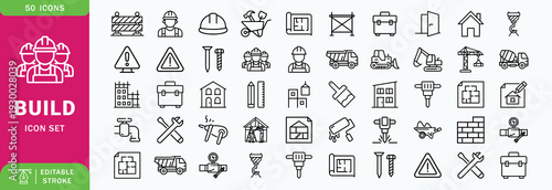 Construction or build line editable icon set. Contain icons related to build, construction, building, architecture, worker, and more. Editable stroke. Vector illustration