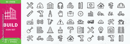 Construction or build line editable icon set. Contain icons related to build, construction, building, architecture, worker, and more. Editable stroke. Vector illustration