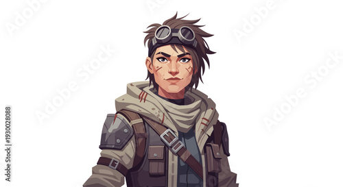 A young male character wearing futuristic attire and goggles stands against a neutral background from a frontal viewpoint in an illustrated scene