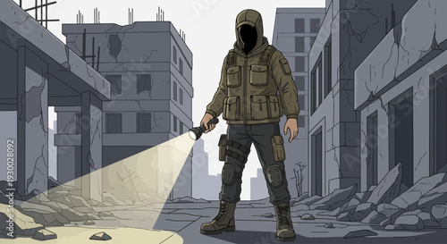Soldier explores abandoned buildings with flashlight in war-torn cityscape at dusk