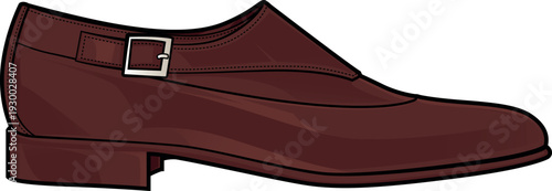 Colored vector illustration of a brown single monk strap leather shoe from a side view. Features a silver buckle and realistic shading. Perfect for formal menswear, fashion editorial, and tailors.