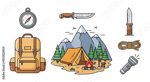 Camping gear and equipment arranged around a tent near mountains with trees and a campfire burning inside