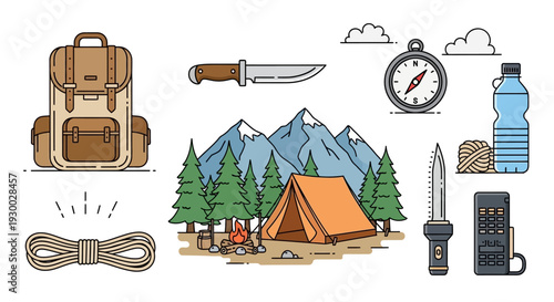 Camping adventure in the mountains with essential gear and scenic landscape view
