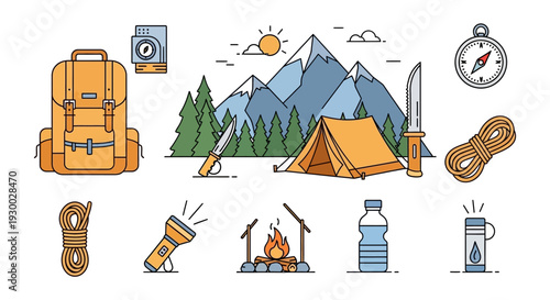 Camping adventure illustration featuring mountains, tents, and outdoor gear from a bird's eye view