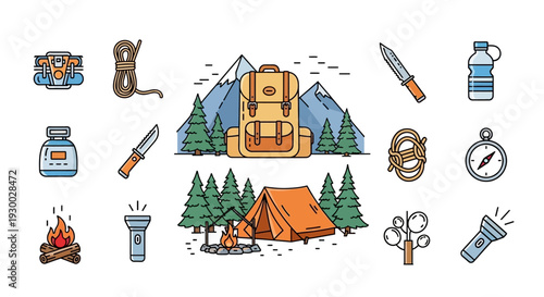 Camping adventure illustration featuring outdoor gear and scenic mountains