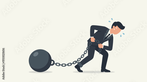 Exhausted Businessman Pulling a Large Iron Ball and Chain, Symbolizing Financial Debt, Economic Crisis, Heavy Burdens, Work Stress, and Overcoming Difficult Obstacles in a Corporate Career.