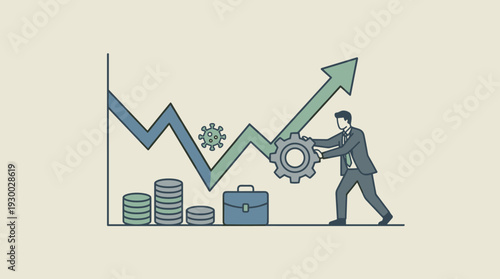 Businessman pushing gear to drive economic recovery and financial growth on a line graph after COVID-19 coronavirus pandemic crisis, representing business restoration and success strategy.