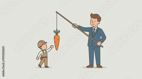Vector Illustration of a Businessman Holding a Carrot on a Stick to Motivate a Worker, Metaphor for Management Incentives, Employee Motivation, Leadership Strategy, and Corporate Reward Systems
