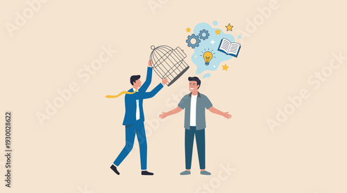 Businessman removing a birdcage from a man's head to unlock his mind for new ideas, knowledge, and creativity. Concept of mental freedom, brain liberation, education, and breaking limitations.