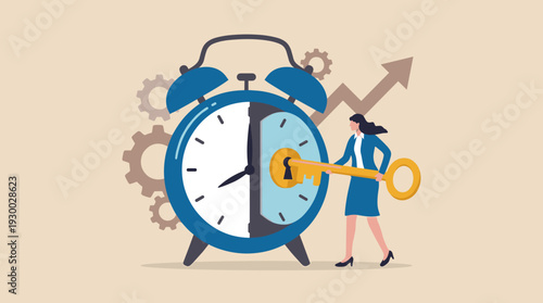 Concept of time management and productivity with a businesswoman unlocking a giant alarm clock using a golden key, symbolizing efficiency, strategic planning, and career growth in business.