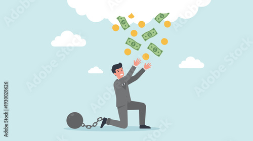 Businessman Chained to Heavy Ball and Chain Reaching for Money Falling from Sky Cloud, Concept of Financial Debt, Economic Crisis, Bankruptcy, Loan Burden, and Struggle for Wealth and Success