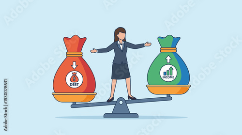Businesswoman Balancing Debt and Income Bags on a Seesaw Scale, Concept of Financial Stability, Budget Management, Economic Planning, Debt Reduction, and Wealth Growth Vector Illustration.