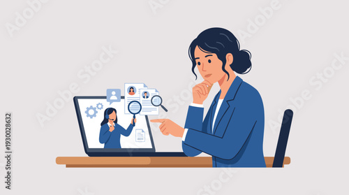 Businesswoman at desk using laptop for online recruitment and hiring. HR specialist on screen reviews candidate resumes with magnifying glasses. Concept of talent acquisition and job search.