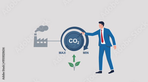 Businessman Turning a CO2 Control Knob from Maximum to Minimum to Reduce Carbon Dioxide Emissions from a Factory, Concept for Environmental Sustainability, Climate Change, and Green Energy.
