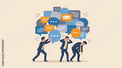 Businessmen Struggling with Information Overload and Communication Pressure, Overwhelmed by Too Many Speech Bubbles and Message Icons Representing Workplace Stress, Mental Burnout, and Noise