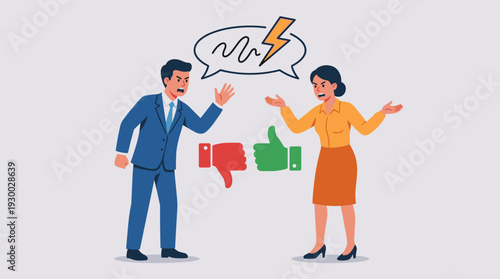 Professional man and woman in business attire having a heated argument and conflict, representing disagreement, controversy, and difference of opinion with thumbs up and thumbs down icons vector.