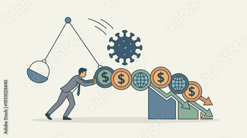 Businessman Struggling to Stop Domino Effect of Global Financial Crisis Caused by Coronavirus COVID-19 Impact on World Economy with Falling Dollar Coins and Downward Market Trend Graph Vector