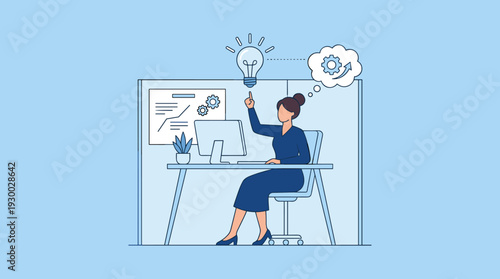 Businesswoman Sitting at Desk Having an Innovative Idea or Insight with Lightbulb and Gears, Concept of Problem Solving, Productivity, and Strategic Thinking in Modern Office Workspace Vector