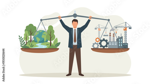 Businessman Balancing Scale with Nature and Industry Vector Illustration. Concept of Environmental Conservation, Sustainable Development, Ecology, Green Economy, and Industrial Growth.