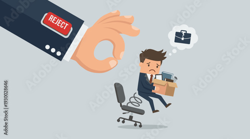 Vector Illustration of a Sad Businessman Being Fired as a Giant Employer Hand Presses a Reject Button, Ejecting the Office Worker from His Chair with a Box of Personal Belongings and a Spring.