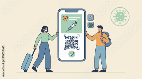 Digital Vaccine Passport and Health Certificate for Safe Travel During COVID-19 Pandemic, People with Suitcase and Backpack Using Smartphone App with QR Code and Vaccination Syringe Icon