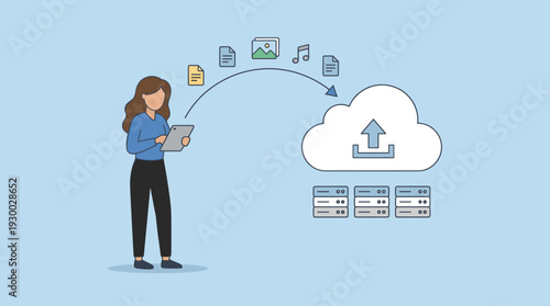 Woman Using a Tablet to Upload Digital Files like Documents, Images, and Music to Cloud Storage, Representing Cloud Computing, Data Backup, and Information Technology Business Concept Illustration
