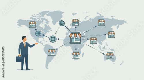 Businessman Presenting Global Franchise Business Opportunity with Shop Icons and World Map, Illustrating International Expansion, Retail Licensing, and Growing a Brand Across Continents.
