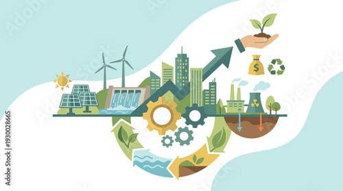 Sustainable economic growth concept with renewable energy sources like solar panels, wind turbines, and hydroelectric power, circular economy cycle, and environmental protection for green future.