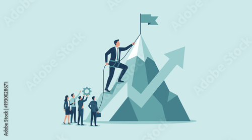 Business Leadership Concept Illustration with Businessman Climbing Mountain Peak to Reach Goal Flag, Teamwork Support, Career Growth, Achievement, Success, and Upward Arrow for Performance.