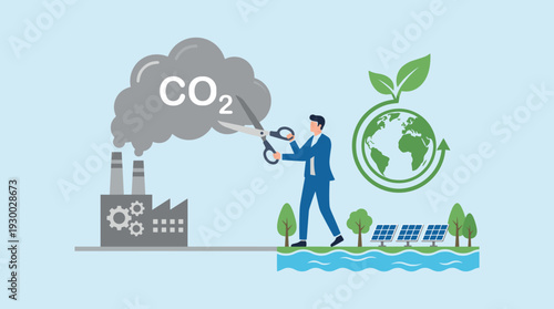 Global Warming and Environmental Recovery Concept with Businessman Cutting CO2 Emissions from Factory to Promote Renewable Energy, Solar Panels, and Sustainable Green Earth Protection Plan