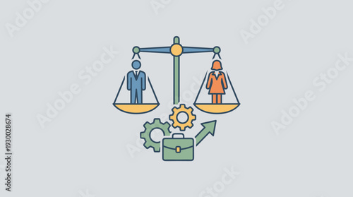Gender equality and equal treatment concept with male and female figures balanced on a scale in a business environment, representing workplace fairness, diversity, inclusion, and social justice.