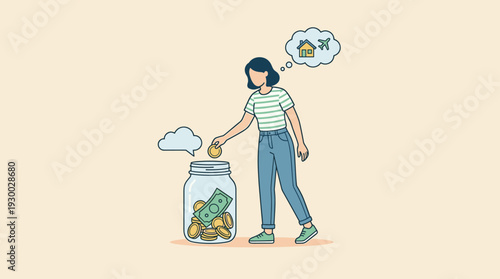 Woman Putting Coin into Glass Money Jar for Future Goals like Travel and Buying a House, Financial Planning and Investment Concept, Budgeting for Dreams and Savings, Flat Vector Illustration