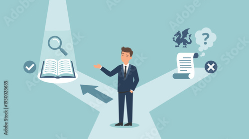 Businessman at a crossroads deciding between facts and myths, vector illustration of truth versus fiction, research and knowledge against fake news, mythology, and misinformation concept design.