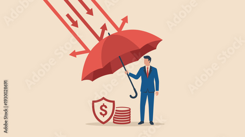 Businessman Holding a Red Umbrella to Protect Wealth and Investments from Financial Crisis, Stock Market Crash, and Economic Downturn, Concept of Risk Management and Insurance Coverage.