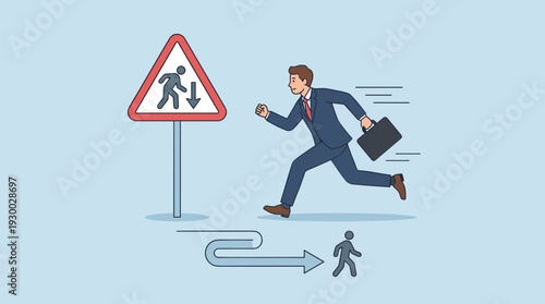 Businessman in a suit running fast with a briefcase next to a warning sign suggesting to slow down and walk, concept of work-life balance, burnout prevention, and stress management in career.