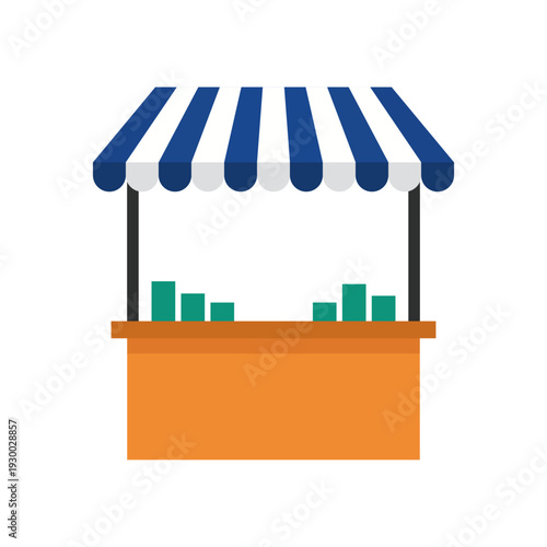Food display stall with blue and white canopy and green shelves for retail market illustration.