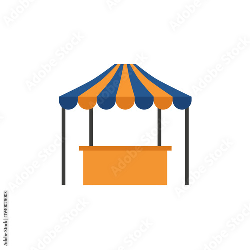 Small conical market tent with blue and orange striped roof and wooden table for information booth.