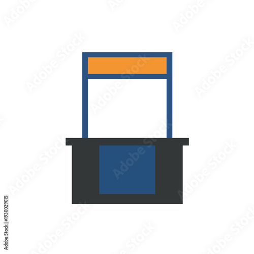 Promotion desk with orange header board and blue body for corporate event registration counter.