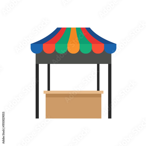 Open wooden market stall with curved red yellow green canopy for traditional street vendor shop.