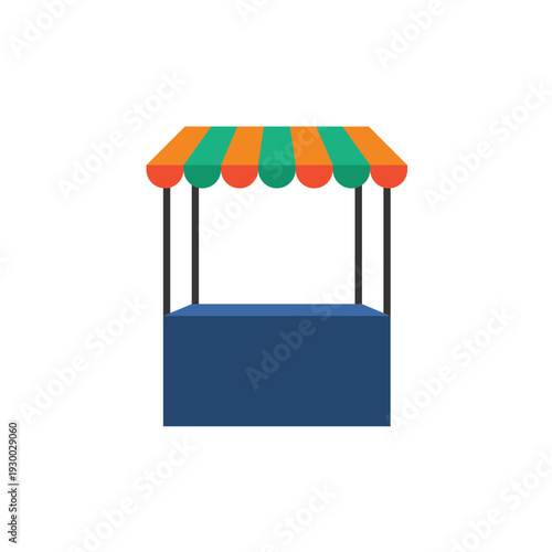 Minimalist market stand with black poles and colorful striped roof for modern retail popup shop.