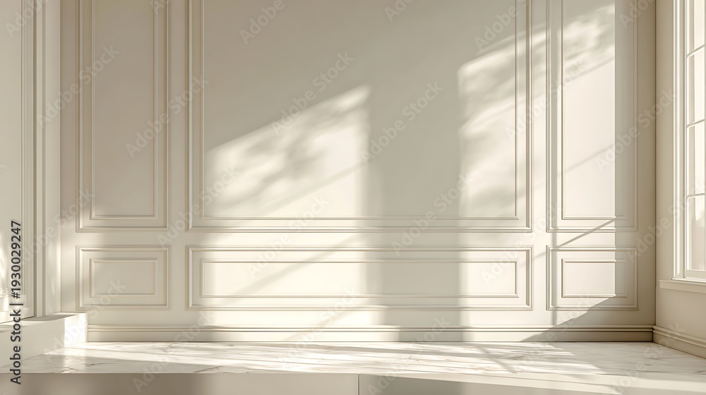 Fototapeta premium Elegant Off-White Wall with Rectangular Shadow Pattern, Calm Luxury Aesthetic and Spacious Minimal Layout