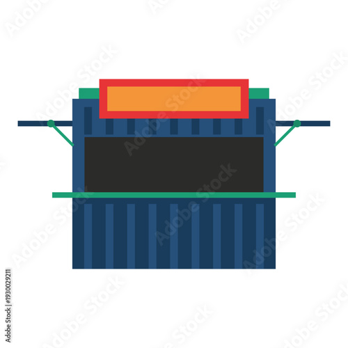 Industrial container booth with blue metal walls and wide service window for modern street vendor.