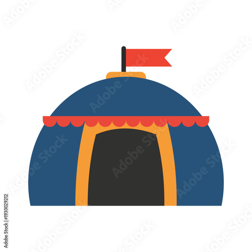 Dome shaped event tent with blue fabric and red flag on top for outdoor activity or base camp.