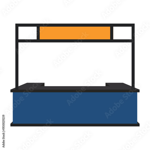 Registration desk with long blue counter and orange header board for corporate event or fair.