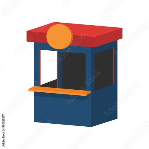 Ticket box kiosk with red roof and blue walls in 3D perspective style for cinema or event.